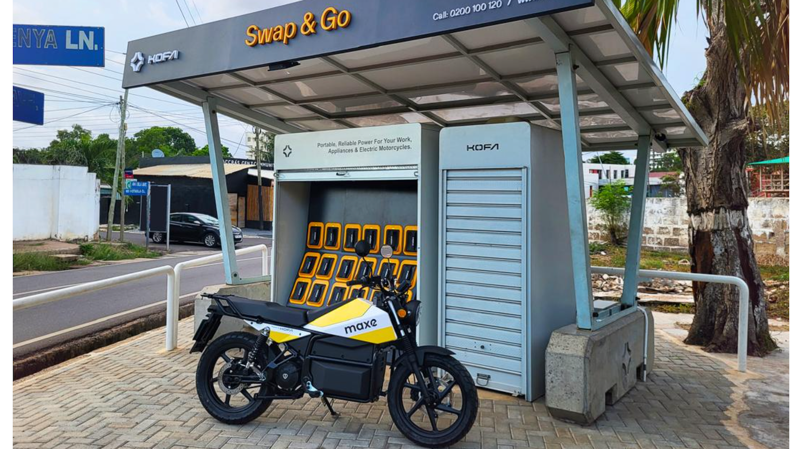 Kofa battery swapping station with Maxe bike parked in front