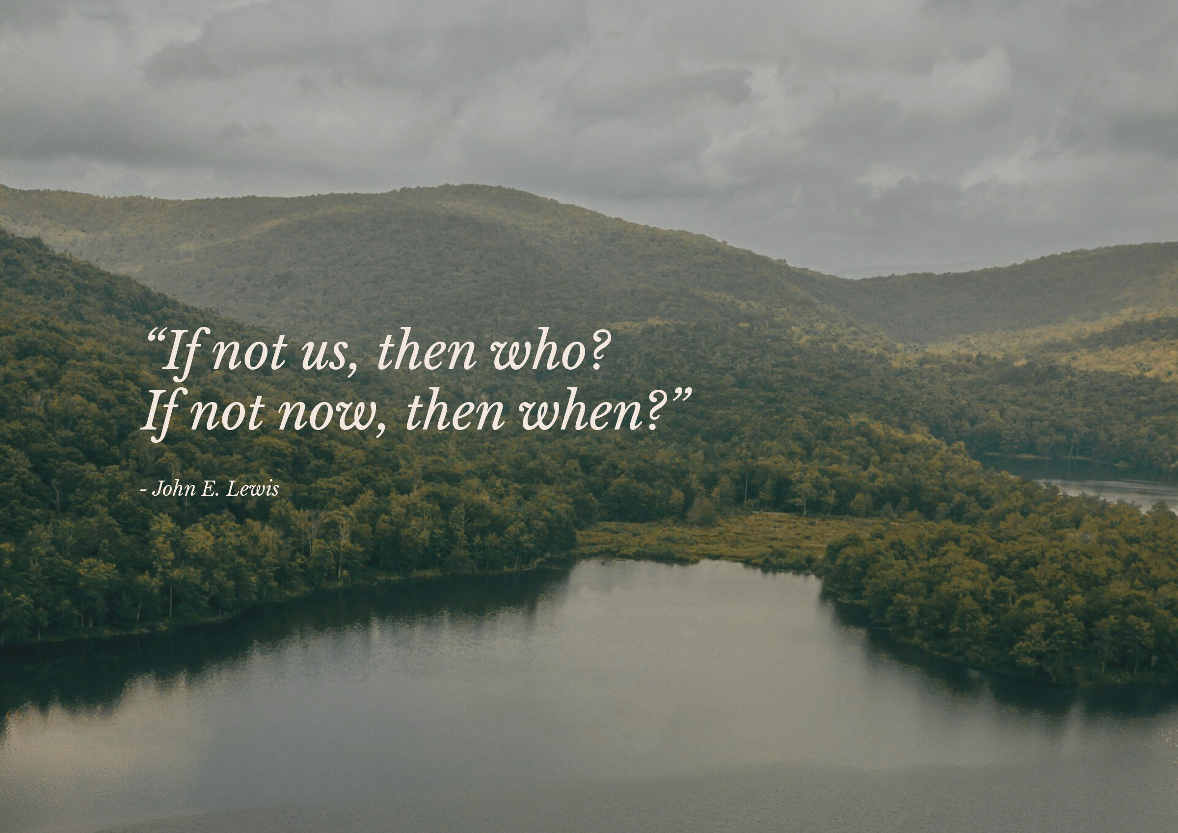 Random pages from Reduction Roadmap PDF Quote: "If not us, then who? If not now, then when?" - John E. Lewis on a natural landscape background