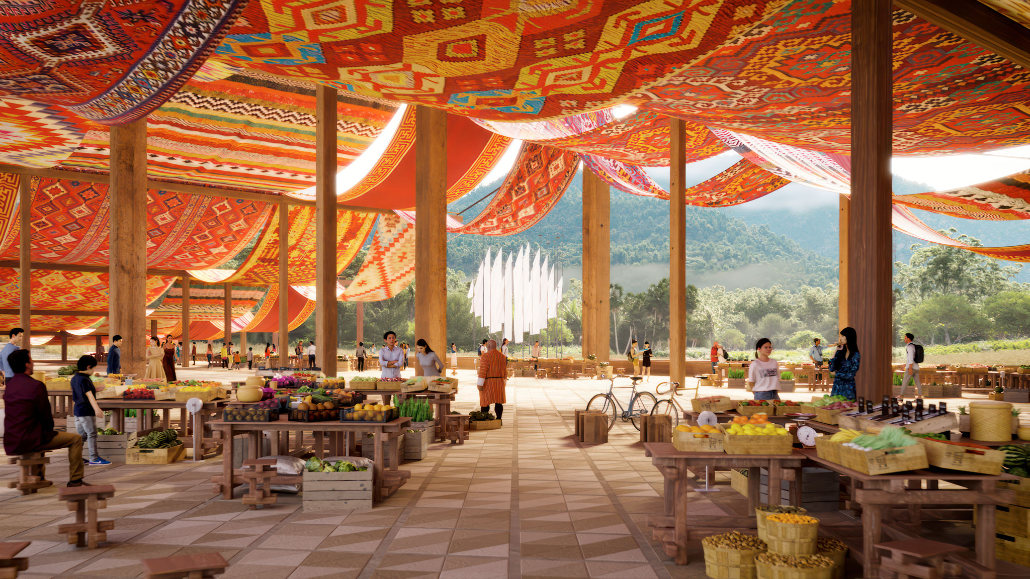 An open-air market with colorful textiles and fresh produce, filled with people and a beautiful mountain view in the background.