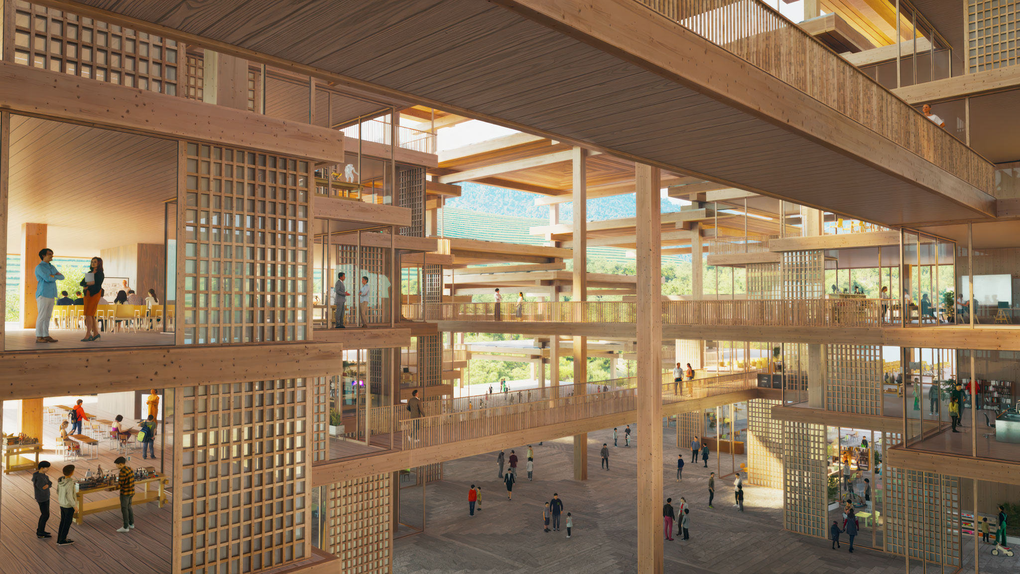 An architectural rendering of a multi-level wooden building with people interacting in various spaces.