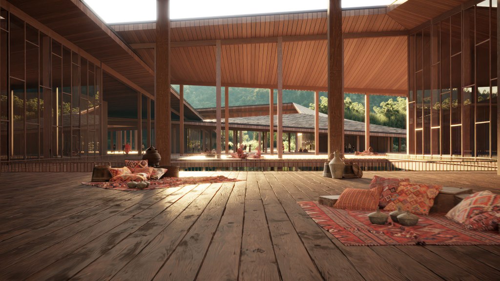 A serene, wooden-floored space with ornate pillows and rugs. The building extends, opening up to a lush green landscape.