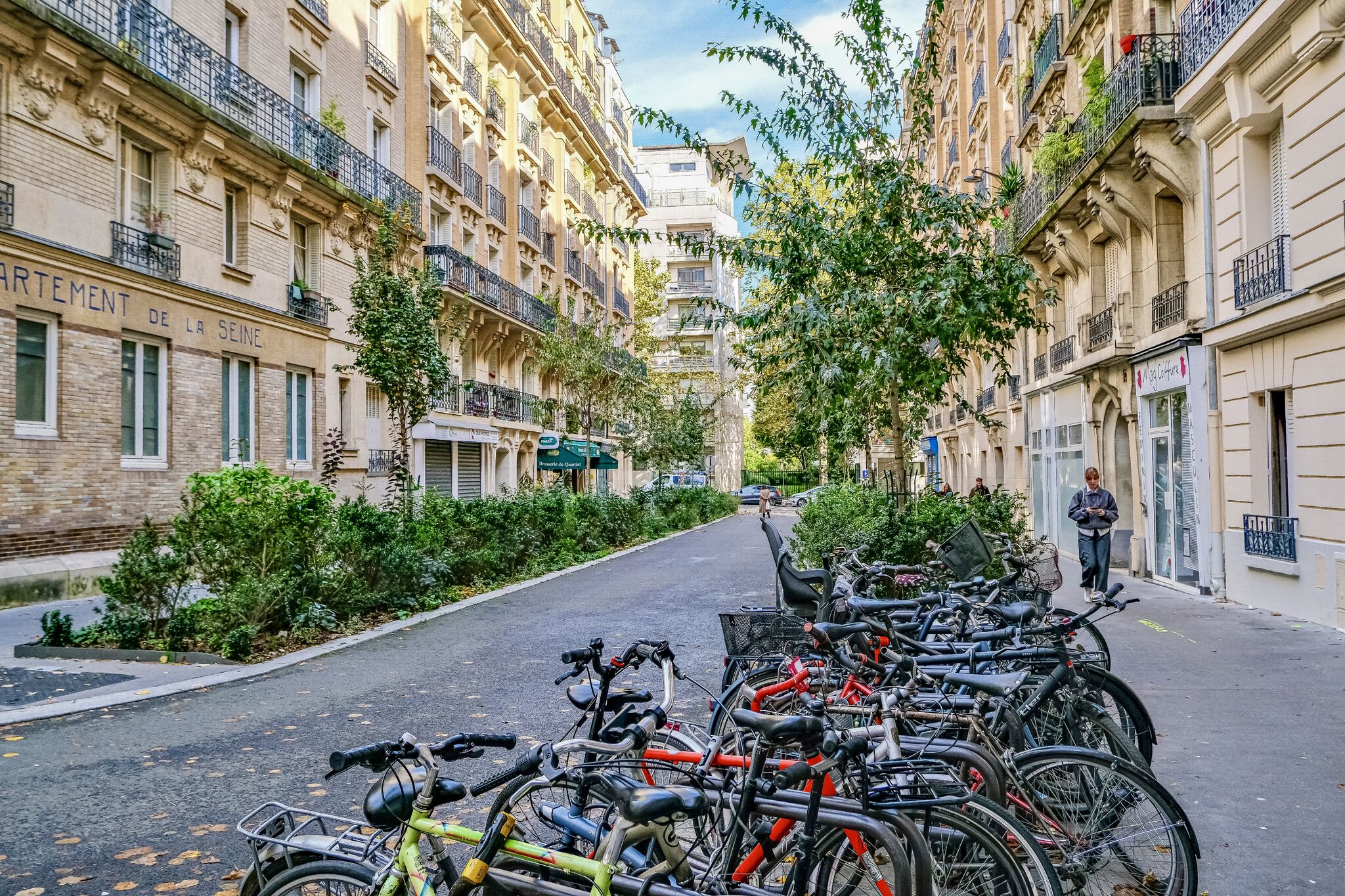 Wonderful photos of Paris Streets filled with greenery. Trees and shrubs and flowers in places where cars were once parked.